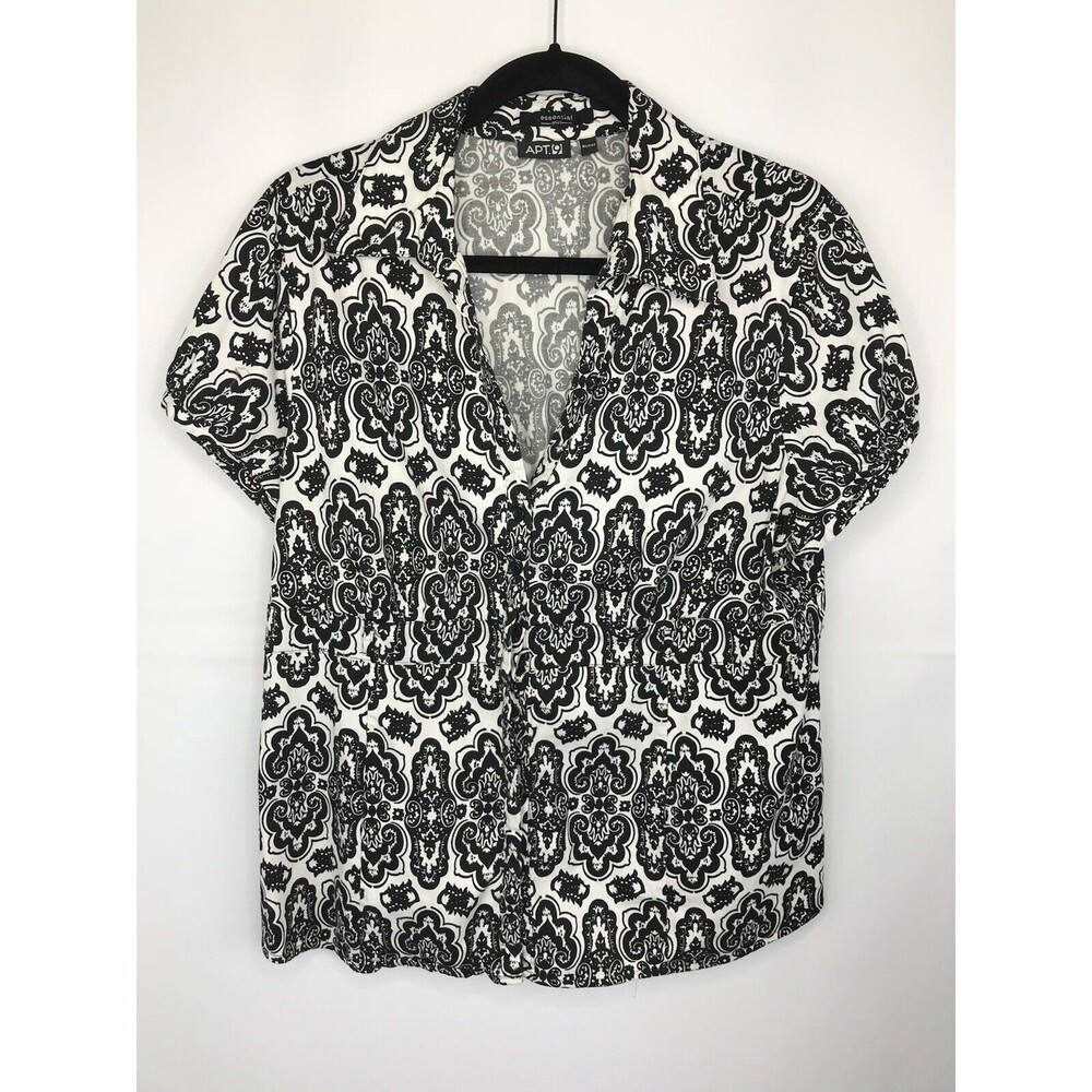 APT. 9 Essential Womens 1X Cotton Stretch Black & White Button Up Cropped Top
